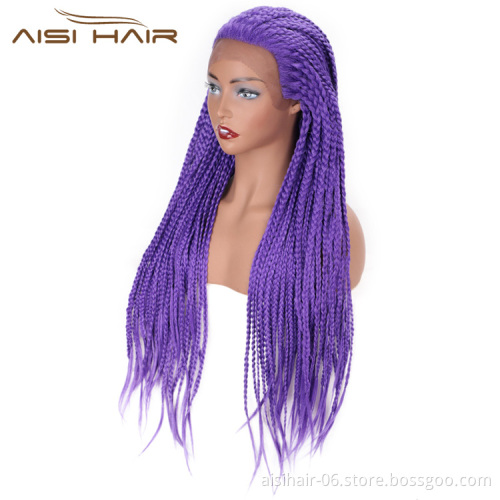 Aisi Hair Synthetic Lace Front Braided Long Wigs Heat Resistant Fiber Purple Lace Front Braids Wigs for African Amerian